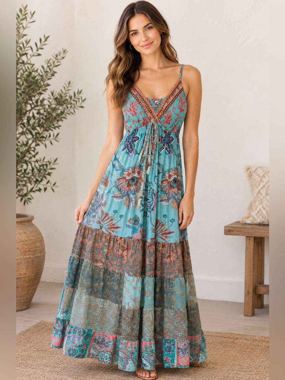 Turquoise Floral Boho Maxi Dress with Drawstring Waist